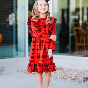 Girls holiday Christmas dress, red plaid dress, holiday clothing, pinafore Christmas dress