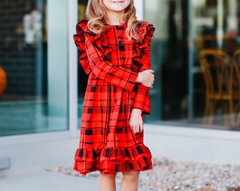 Girls Christmas dress, holiday dress, red plaid dress, red Christmas dress, sister dress, ruffled boutique dress, Christmas plaid, ruffled