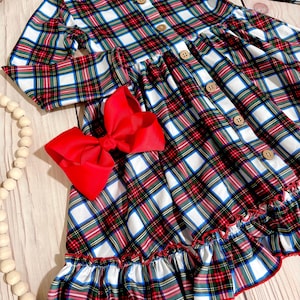 Girls Christmas plaid dress, tartan plaid holiday dress, holiday clothing, ruffle boutique dress