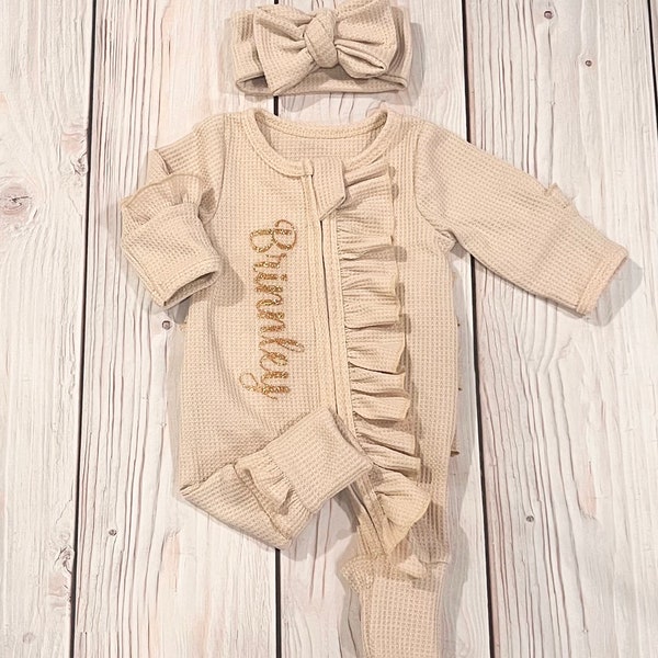 Baby girl coming home outfit| beige neutral footies, zipper footies, baby shower gift, preemie, personalized girl clothing