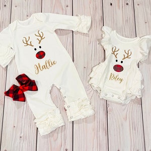 Christmas Reindeer romper, reindeer romper, baby girl Christmas outfit, personalized Christmas outfit, my first Christmas, holiday outfit