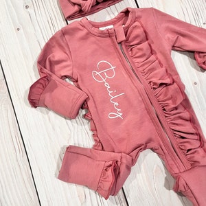 Baby girl coming home outfit, footies plus headband, soft cotton, zipper footies personalized romper, baby girl name reveal outfit image 1