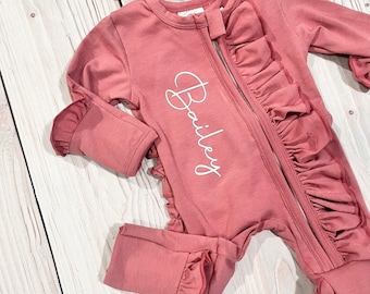 Baby girl coming home outfit, footies plus headband, soft cotton, zipper footies personalized romper, baby girl name reveal outfit