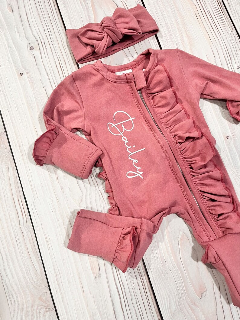 Baby girl coming home outfit, footies plus headband, soft cotton, zipper footies personalized romper, baby girl name reveal outfit image 1