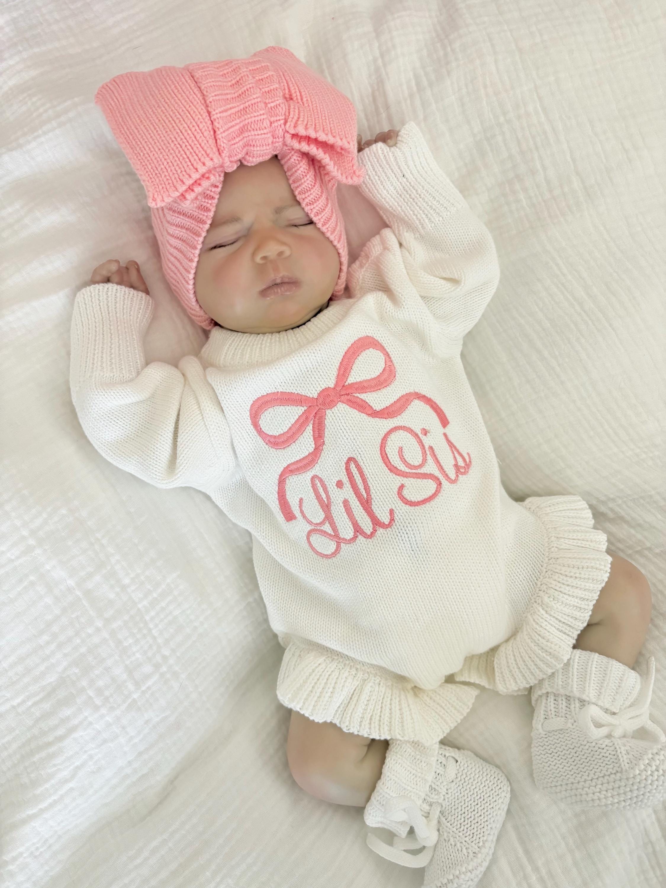 Baby girl Little Sister romper, sweater romper, baby girl announcement, embroidered name