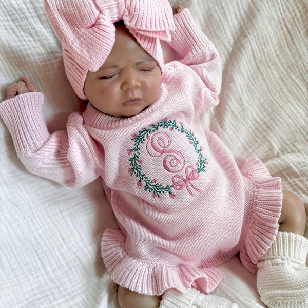 baby girl pink embroidered outfit, pink knit sweater romper, personalized coming home outfit