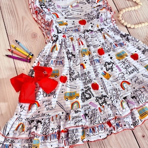 Girls back to school dress, pinafore school dress, apple dress, school graduation, first day of school outfit, school clothing