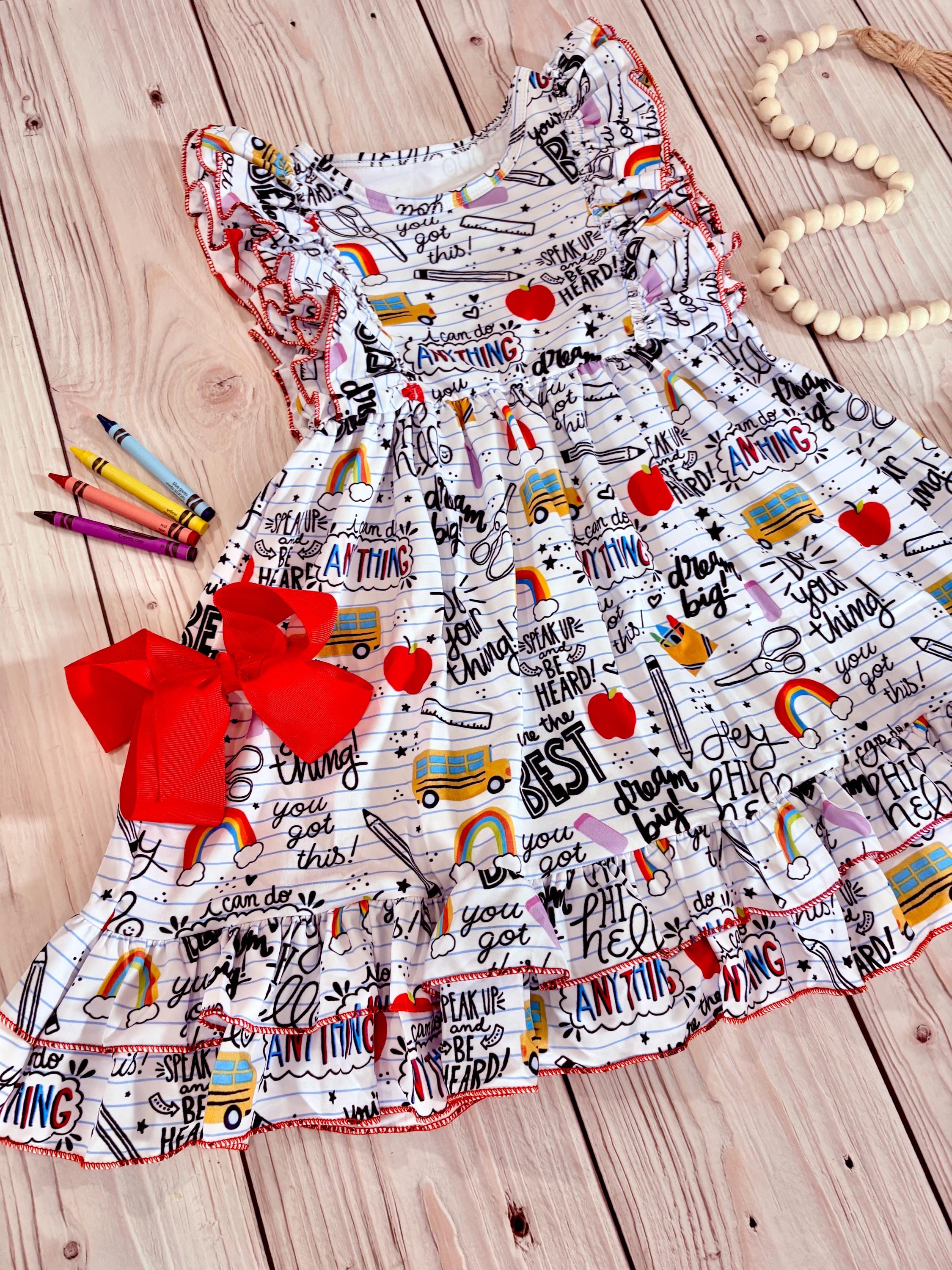 Girls back to school dress, pinafore school dress, apple dress, school graduation, first day of school outfit, school clothing