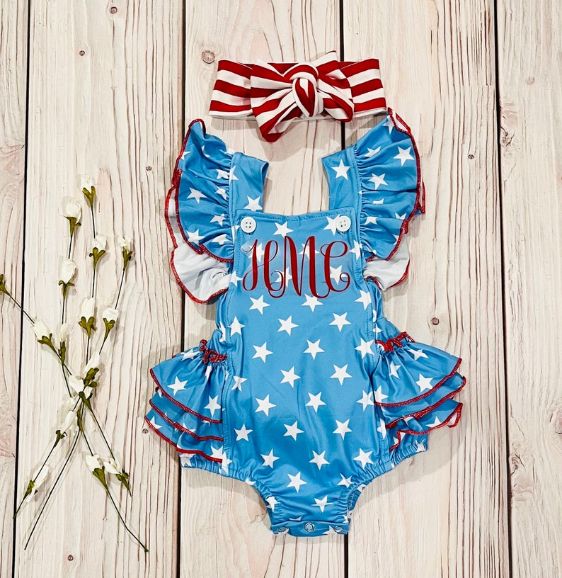 4th of July Baby Romper: Patriotic Stars & Stripes Tutu, headband Blue and red