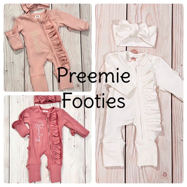 Preemie clothing, preemie girls footies, coming home outfit, preemie custom romper, custom name outfit, plum romper, mauve footies, footies