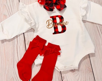 Personalized Christmas romper, baby girl holiday outfit, oversized sweater, my first Christmas outfit