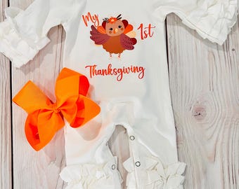 Baby girl Thanksgiving romper, my first Thanksgiving outfit, turkey romper, coming home romper, holiday romper