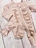Baby girl coming home outfit| beige neutral footies, zipper footies, baby shower gift, preemie, personalized girl clothing