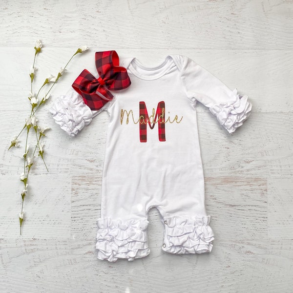 Baby girl Christmas romper, Personalized Christmas romper, baby girl plaid name, gold glitter name, Holiday outfit, red Plaid initial,