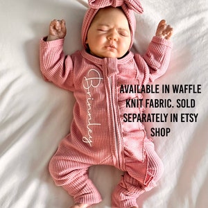 Baby girl coming home outfit, footies plus headband, soft cotton, zipper footies personalized romper, baby girl name reveal outfit image 7