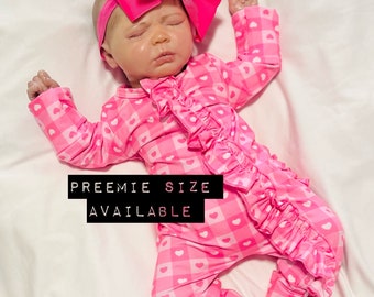 Baby girl Valentine’s Day romper, pink checkered heart outfit  zipper Footies for preemie newborn coming home outfit