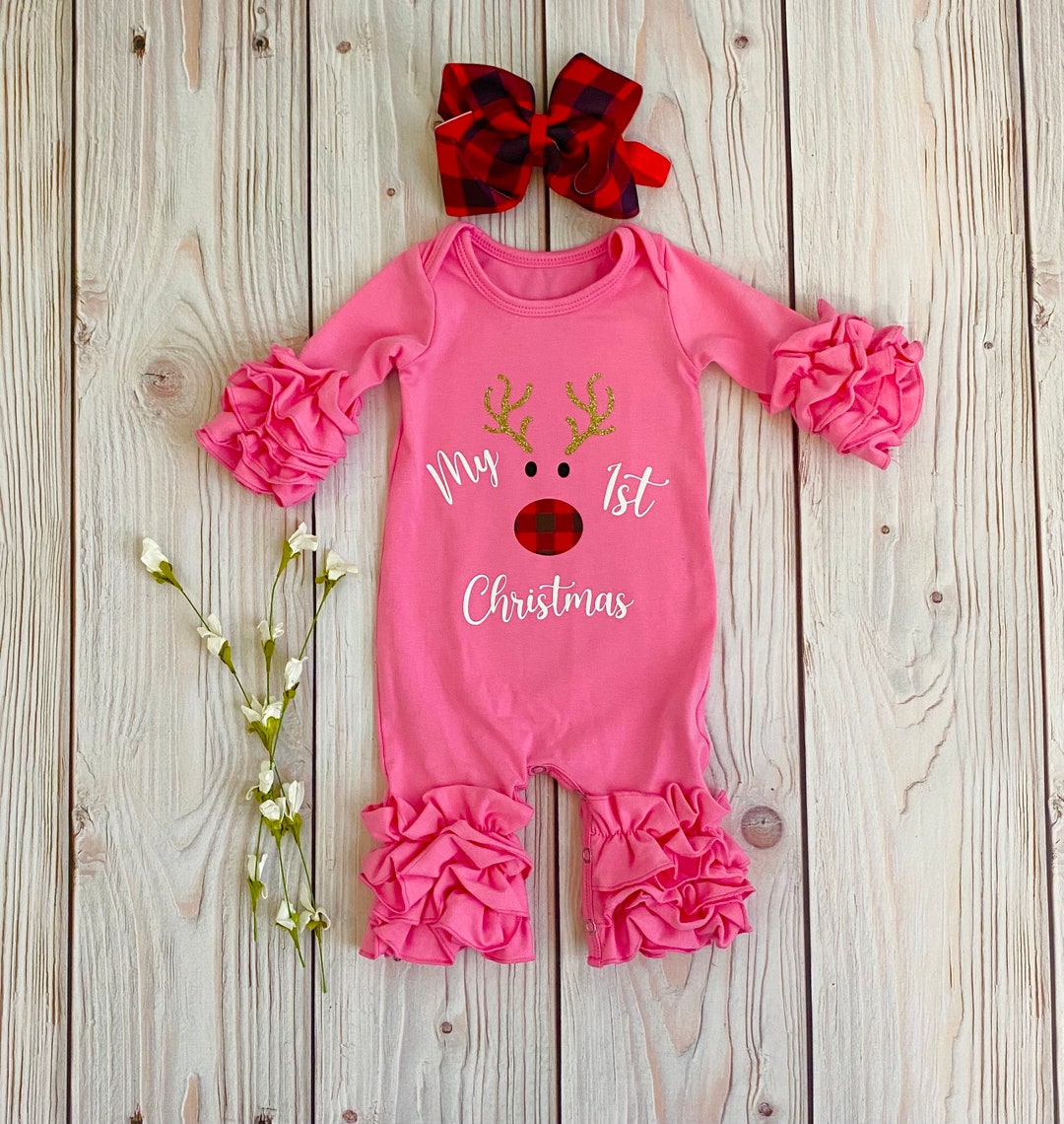 Pink Christmas Romper Reindeer Romper Christmas Outfit Baby Etsy