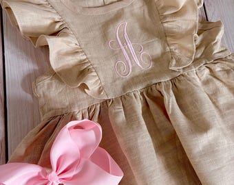 girls embroidered dress, monogram girls dress, linen flutters sleeve dress