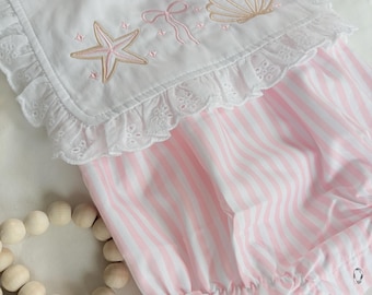 Baby girl beach embroidered romper, bubble pink romper, beach summer outfit, my first beach outfit