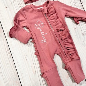 Baby girl coming home outfit, footies plus headband, soft cotton, zipper footies personalized romper, baby girl name reveal outfit image 9
