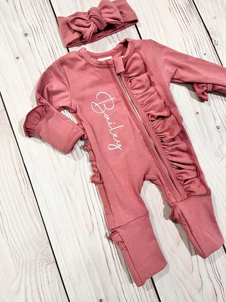 Baby girl coming home outfit, footies plus headband, soft cotton, zipper footies personalized romper, baby girl name reveal outfit image 9