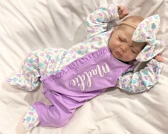 Baby girl coming home outfit, purple floral footies, newborn girl clothing, personalized footies