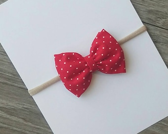 red fabric bow, red polka dot bow, baby headband, fabric bows, nylon headband, red polka dot bow, toddler bows, red bow