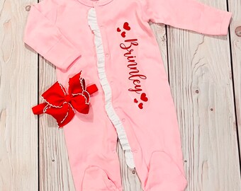 Baby girl Valentines footies, pink girl outfit, my first Valentines, personalized, red heart outfit, coming home set