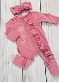 Baby girl coming home outfit, footies plus headband, soft cotton, zipper footies personalized romper, baby girl name reveal outfit