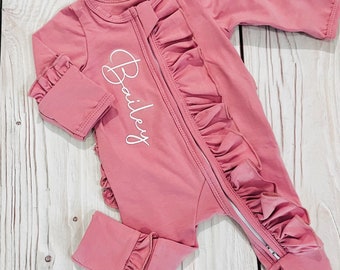 Baby girl embroidered coming home outfit, zipper footies, name reveal