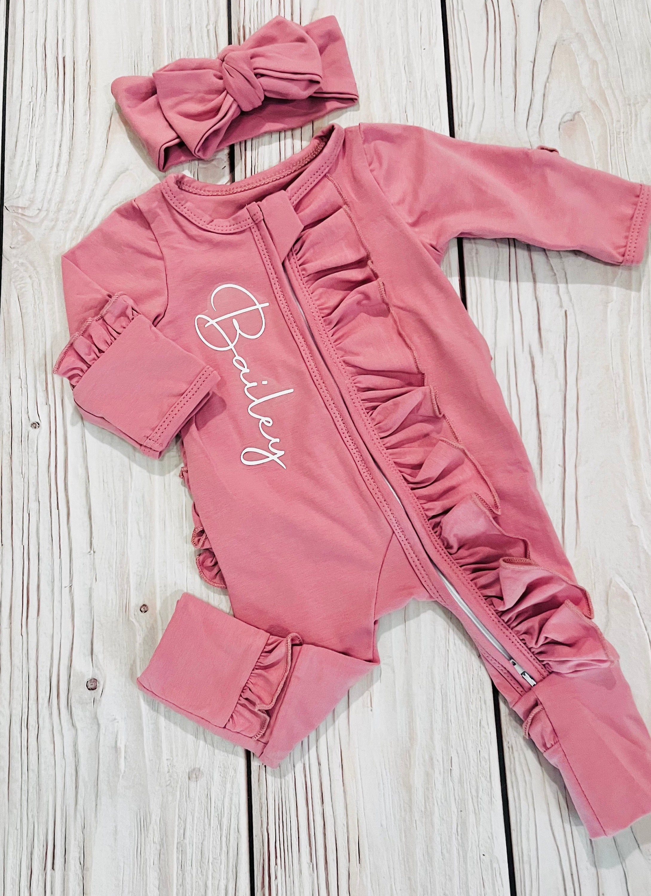 Baby girl embroidered footies, blush pink zipper footies, name reveal, preemie clothing