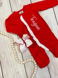 Baby girl red embroidered Christmas outfit, newborn coming home outfit, ruffled footies