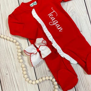 Baby girl red embroidered Christmas outfit, newborn coming home outfit, ruffled footies
