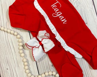 Baby girl red embroidered Christmas outfit, newborn coming home outfit, ruffled footies