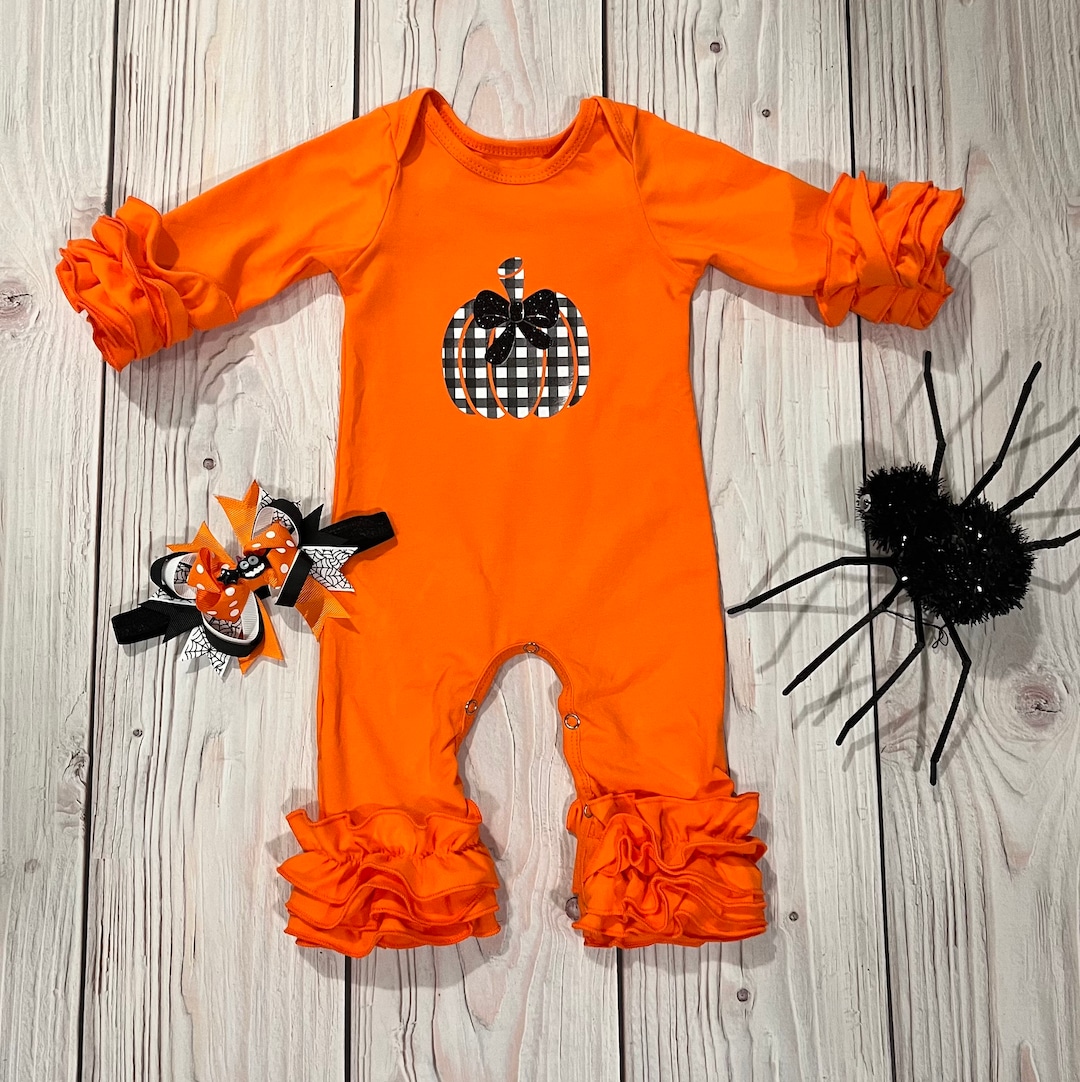 Halloween Romper, Baby Pumpkin Romper, Halloween Outfit, Orange Ruffled Romper, Halloween Outfit