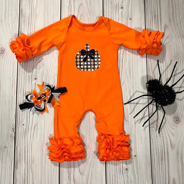 Halloween romper, baby pumpkin romper, Halloween outfit, orange ruffled romper, Halloween outfit, plaid pumpkin