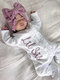 Baby girl white embroidered outfit, personalized, girl name reveal , zipper footies