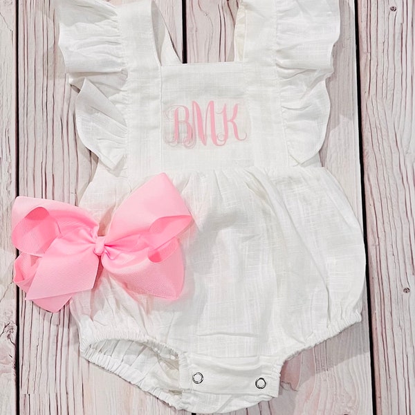 Baby girl white bubble romper, summer boho outfit, white linen romper, spring clothing, baby shower girl gift, monogram