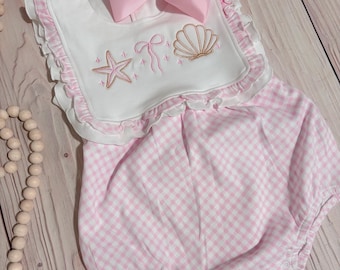 Baby girl embroidered beach romper, bubble star fish romper, my first beach outfit