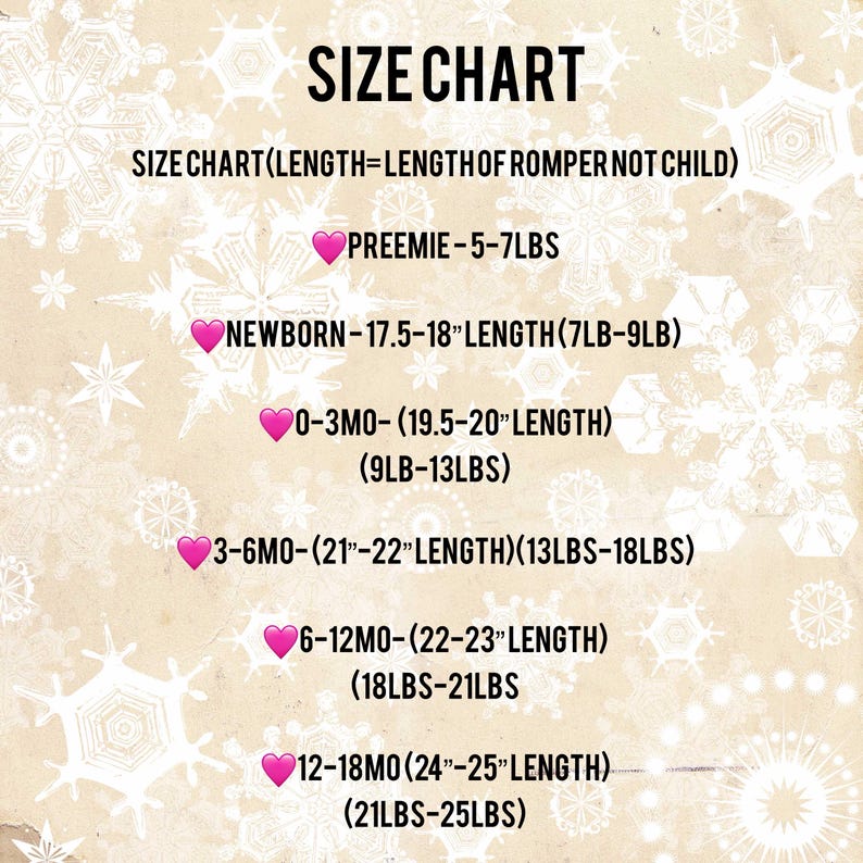 May include: Size chart for a romper, showing the length and weight recommendations for different ages, from preemie to 18 months. The chart includes measurements in inches and pounds.