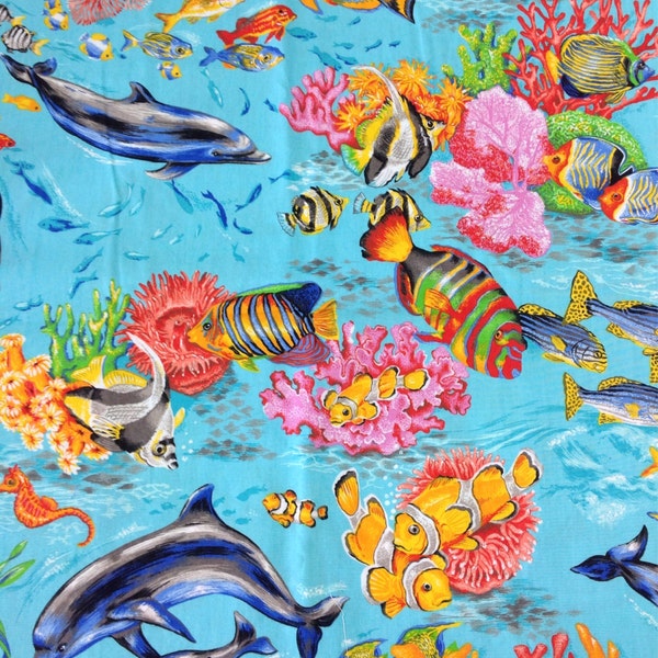 Cranston Collection ~ Ocean water & coral scene of fish and dolphins ~ Colorful under the sea adventure, aqua background