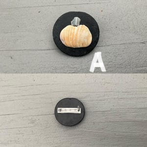 Può includere: Una spilla rotonda nera con un design a zucca. La zucca è arancione chiaro con linee verticali e un gambo verde. La spilla ha una chiusura argentata sul retro. La lettera "A" è accanto alla spilla.