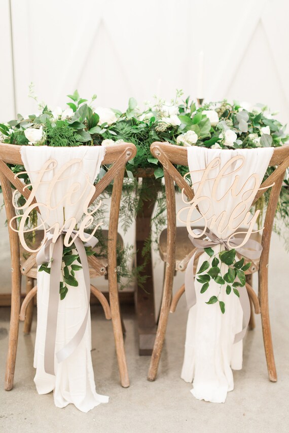 Her One His Only Wedding Chair Signs Bride And Groom Chair Etsy