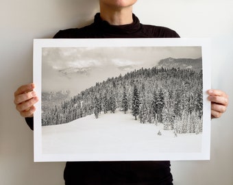 Art Print, Palisades Tahoe (formerly Squaw Valley), Les Nostalgics Coll No 9844. Black and Cream Winter Art Print