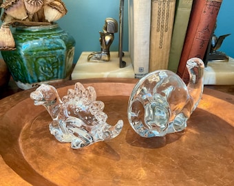 Vintage Dinosaur Paperweights: 2 Crystal Stegosaurus & Sauropod Set