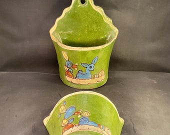 Two Vintage Mexican Wall Planters Green & Blue Colourway with Prickly Pear Cactus and Stylized Blue Bunny
