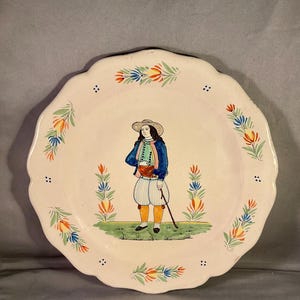 H B Quimper dinner plate with Traditional Breton Man with Cane