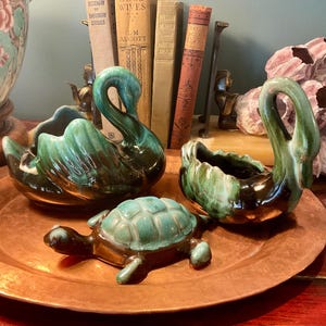 Blue Mountain Pottery Animal Figures Swan 1, Swan 2, Turtle, Owl, & Elephant