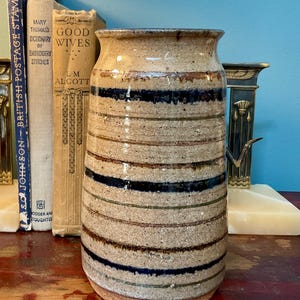 Stoneware Gunnysack Canada Striped Brown, Blue, Oatmeal Studio Art Vase 1976