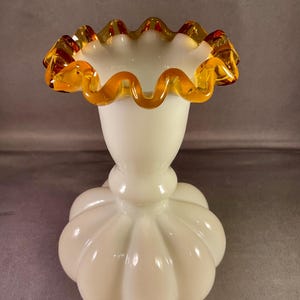 Milk Glass Melon Vase with Gold Crest Ruffle